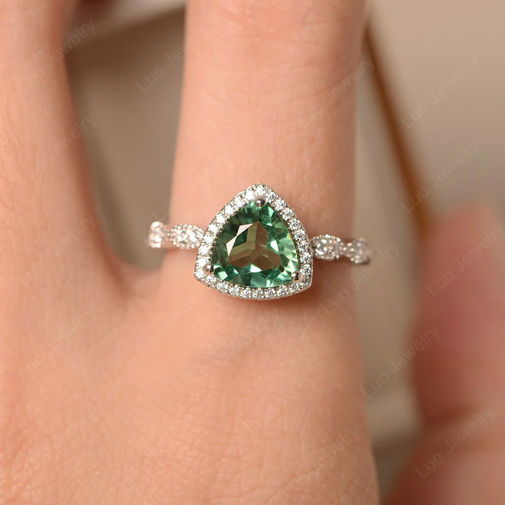 Trillion Cut Green Sapphire Cocktail Halo Ring - Image 6