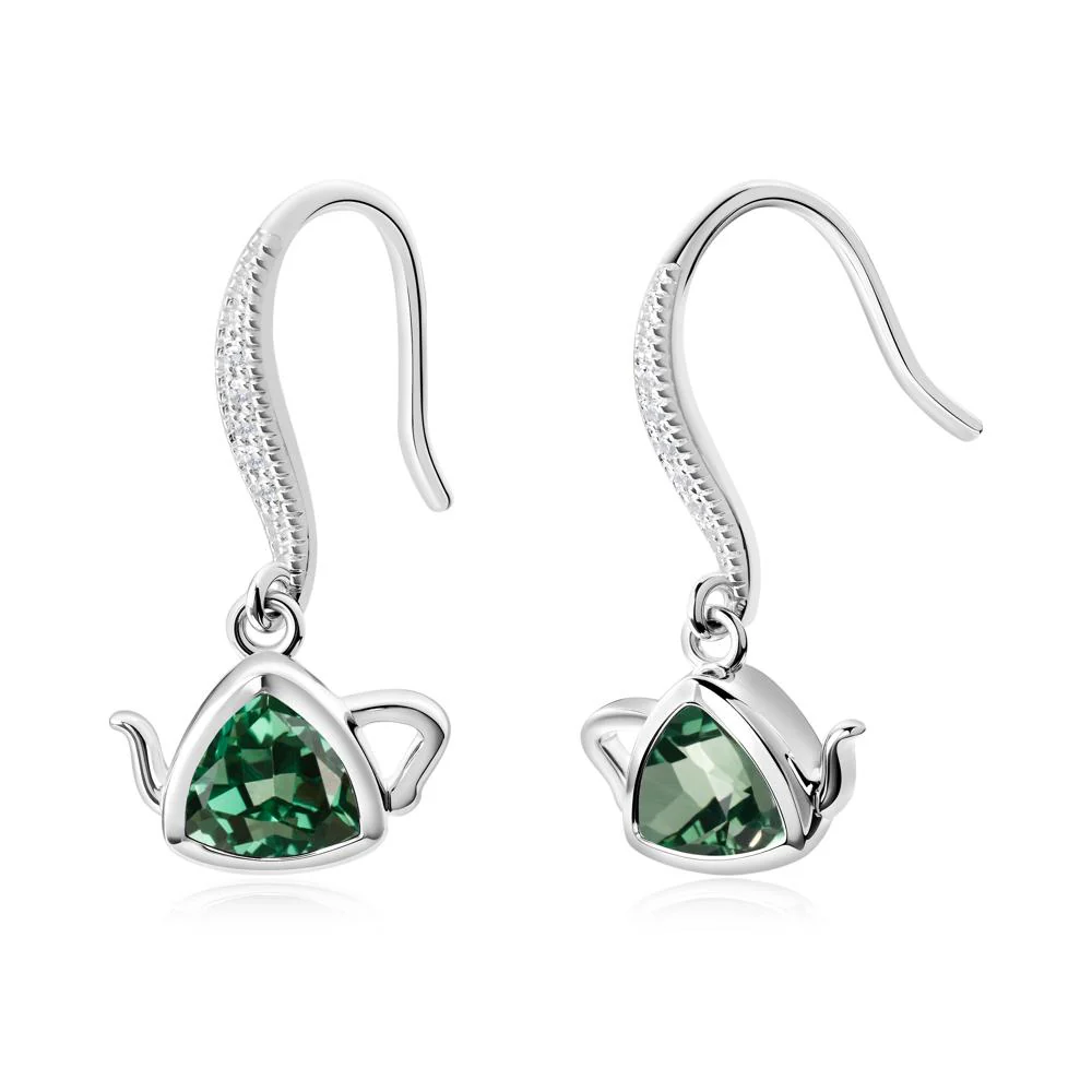 Trillion Cut Green Sapphire Shepherd Hook Earrings - Image 8