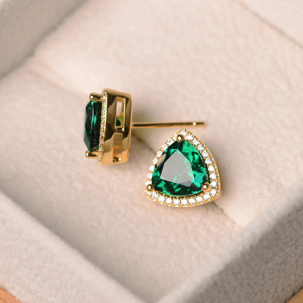 Trillion Cut Emerald Halo Stud Earrings - Image 3