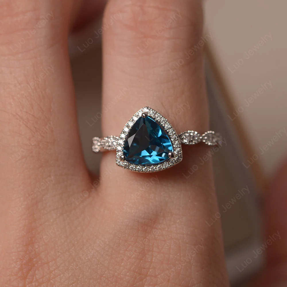 Trillion Cut London Blue Topaz Cocktail Halo Ring - Image 6