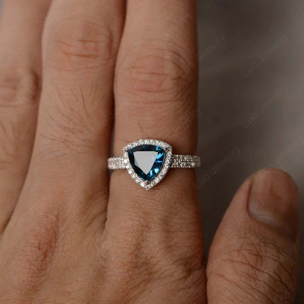 Trillion Cut London Blue Topaz Halo Engagement Ring - Image 3