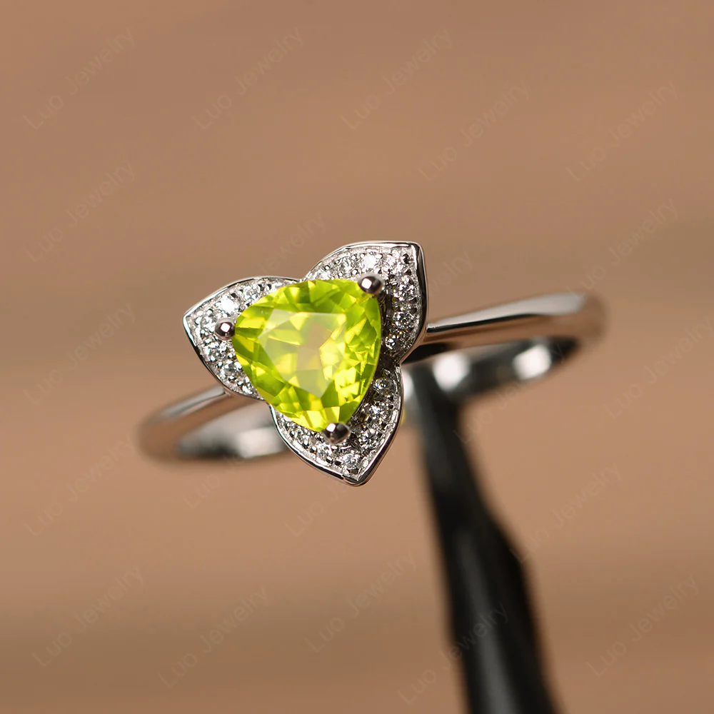 Trillion Cut Peridot Floral Halo Ring