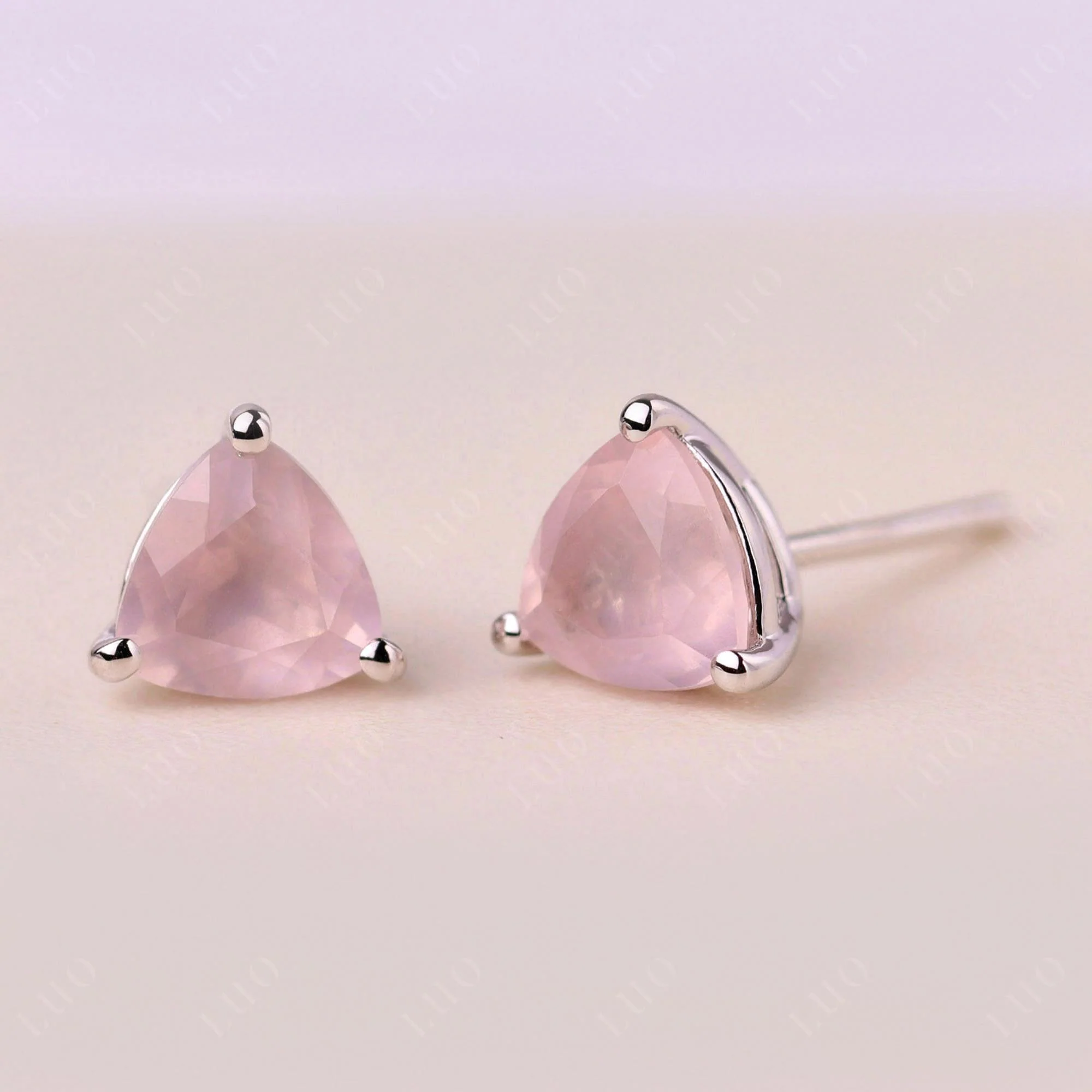Trillion Cut Rose Quartz Stud Earrings - Image 11