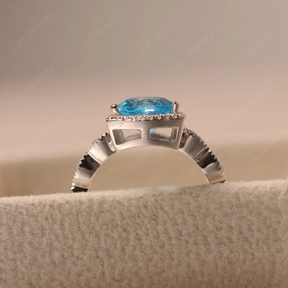 Trillion Cut Swiss Blue Topaz Cocktail Halo Ring - Image 4