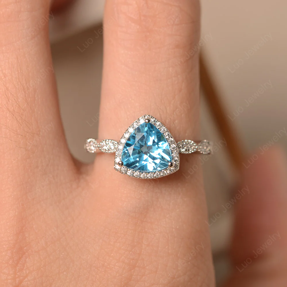 Trillion Cut Swiss Blue Topaz Cocktail Halo Ring - Image 5