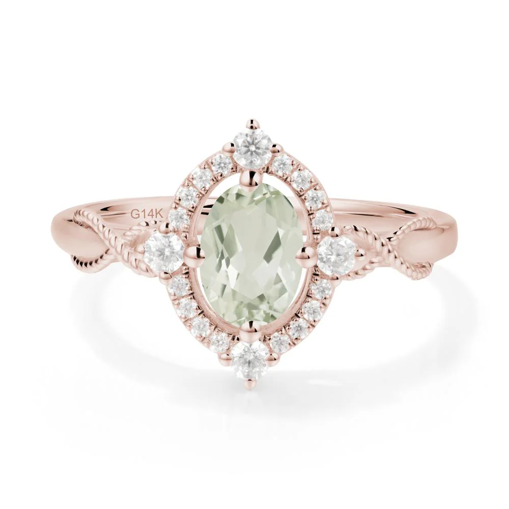 Twisted Band Green Amethyst Halo Ring