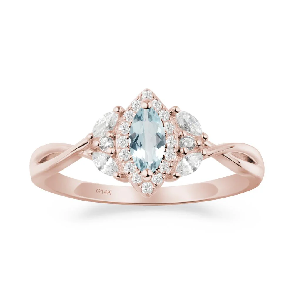 Twisted Band Marquise Aquamarine Halo Ring