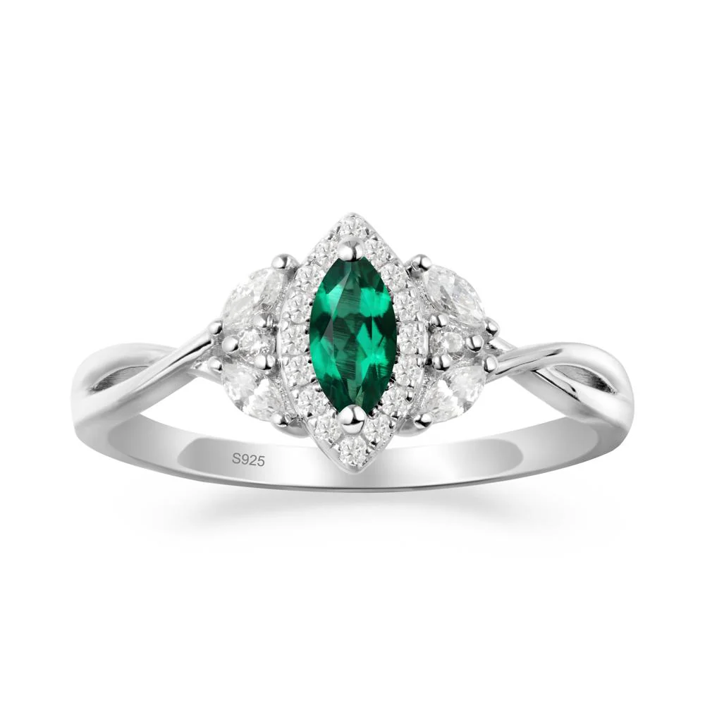 Twisted Band Marquise Emerald Halo Ring