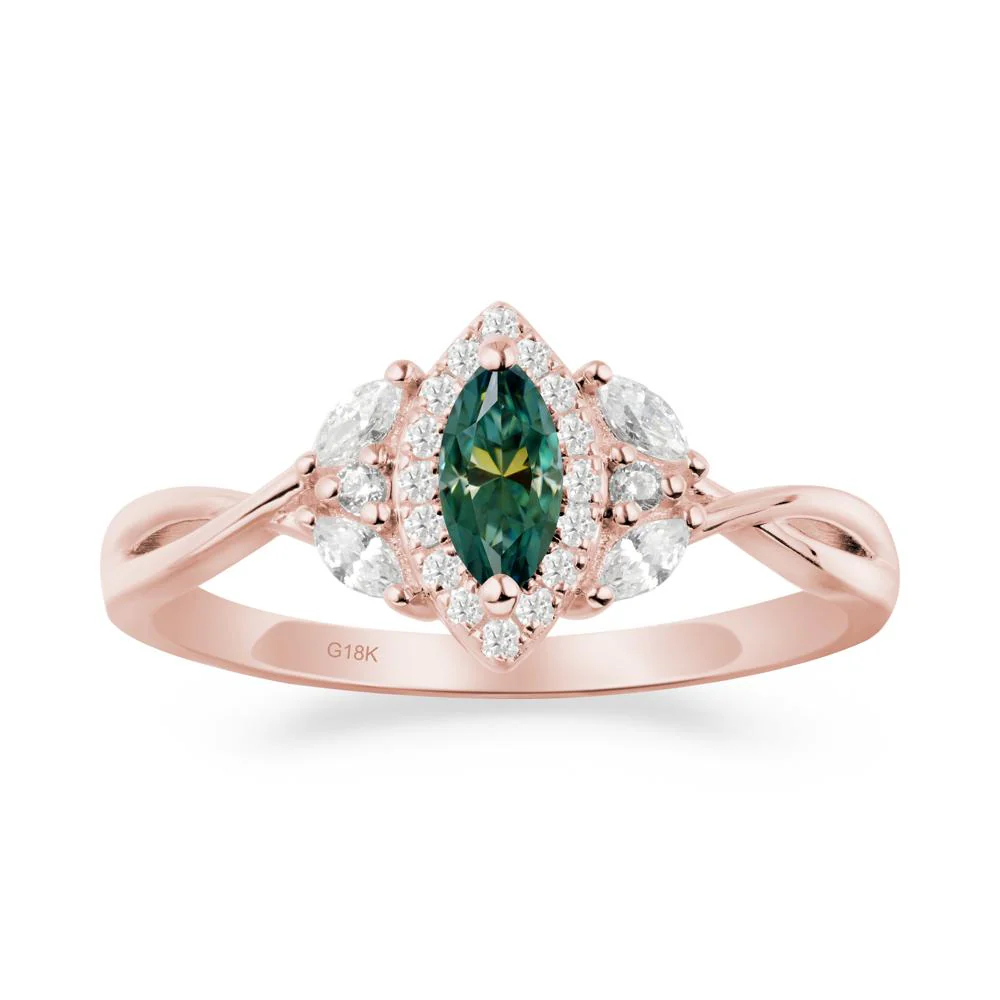 Twisted Band Marquise Green Moissanite Halo Ring - Image 2