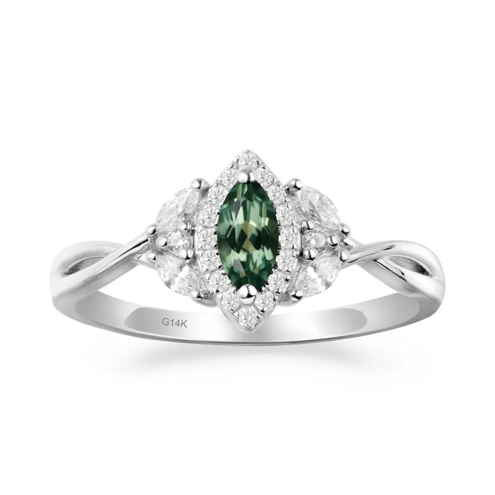 Twisted Band Marquise Green Sapphire Halo Ring