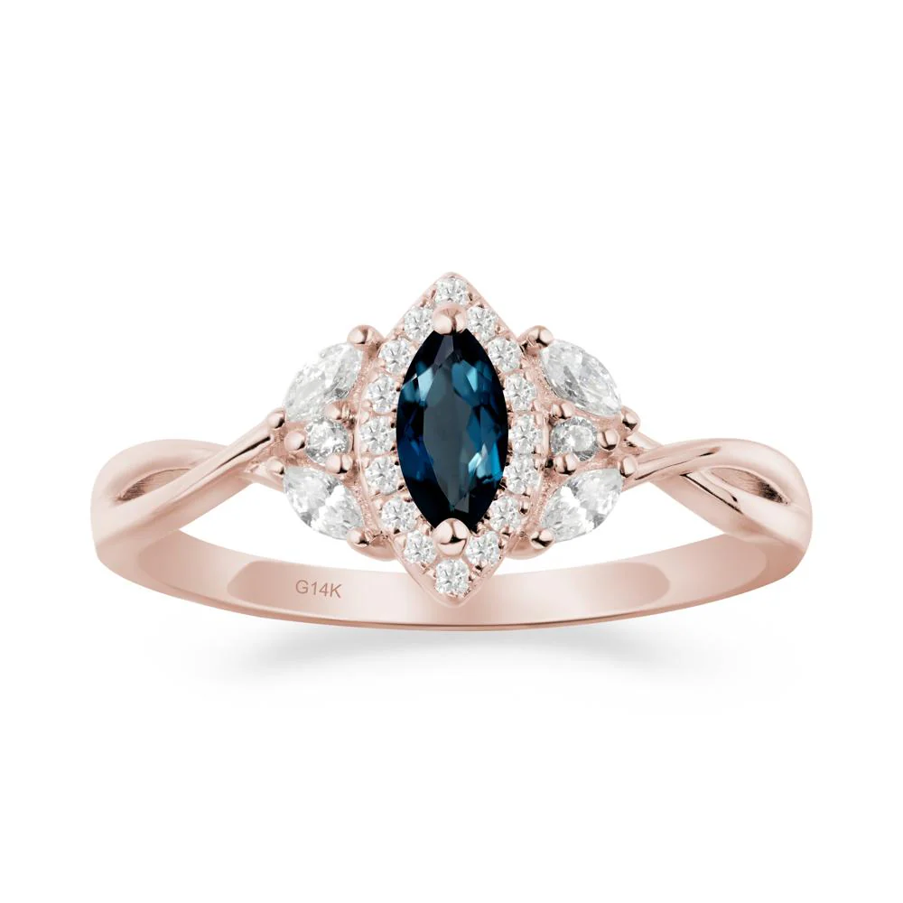 Twisted Band Marquise London Blue Topaz Halo Ring