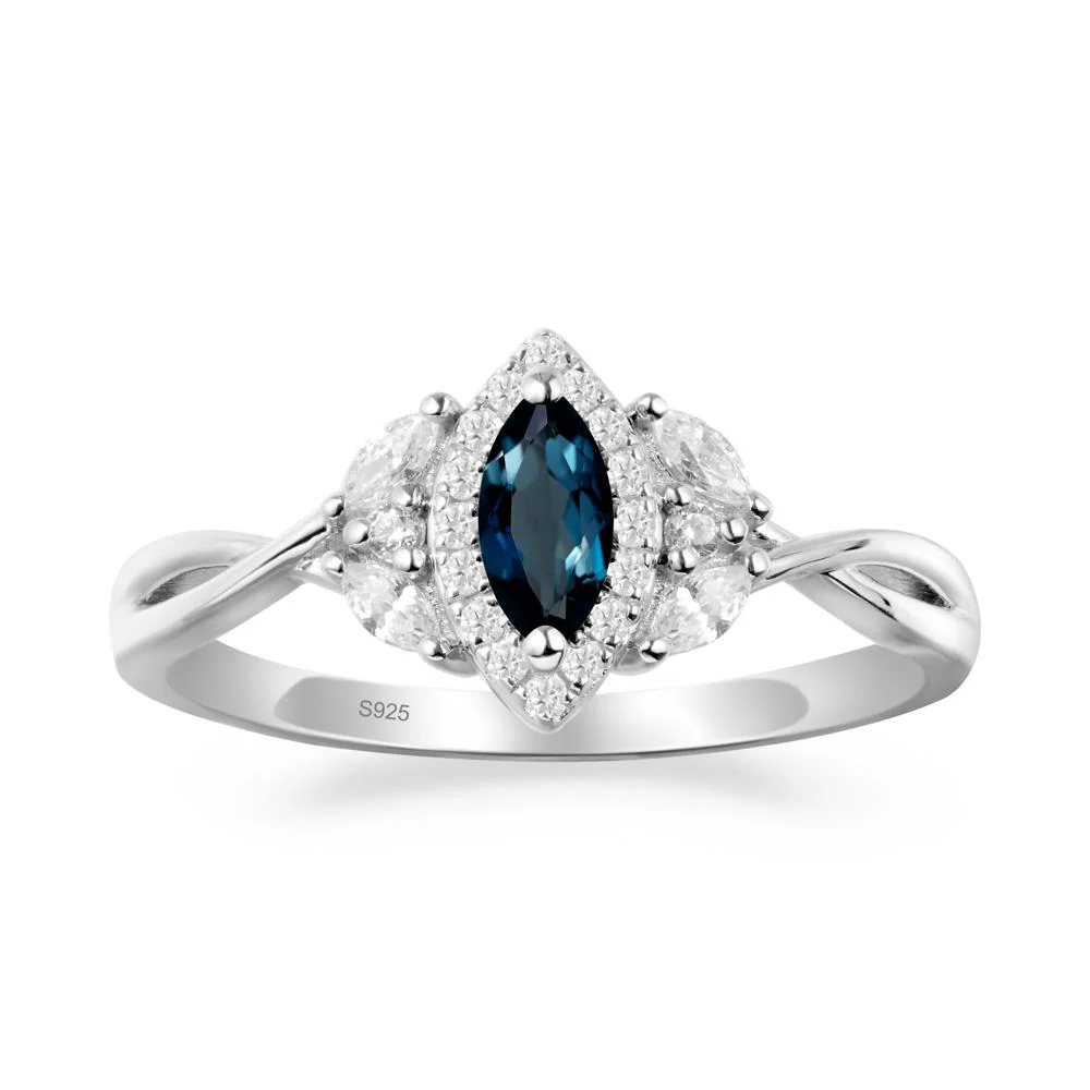 Twisted Band Marquise London Blue Topaz Halo Ring - Image 4