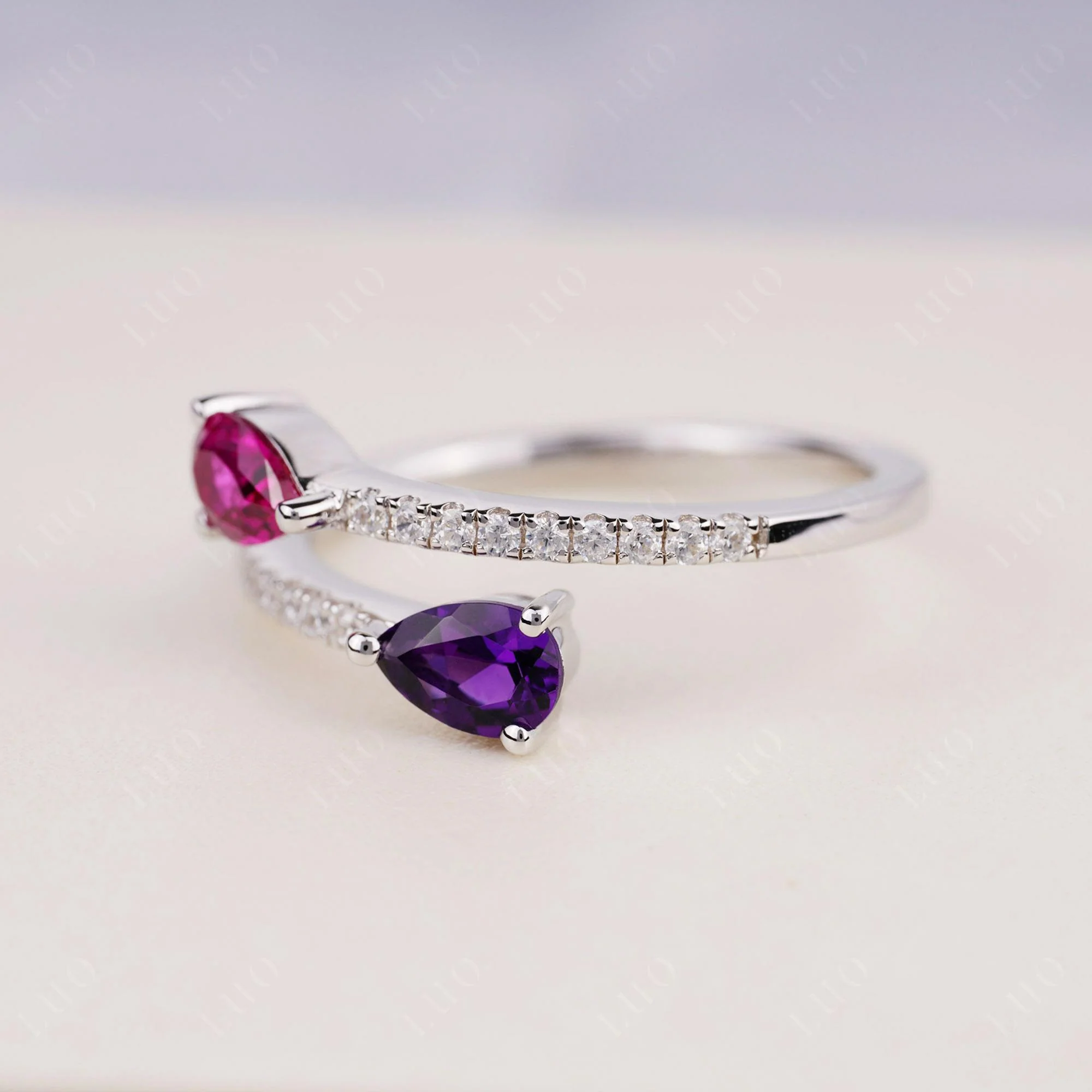 Two Stone Amethyst and Ruby Open Ring - Image 11