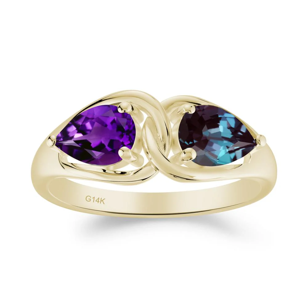 Two Stone Pear Cut Alexandrite and Amethyst Engagement Ring