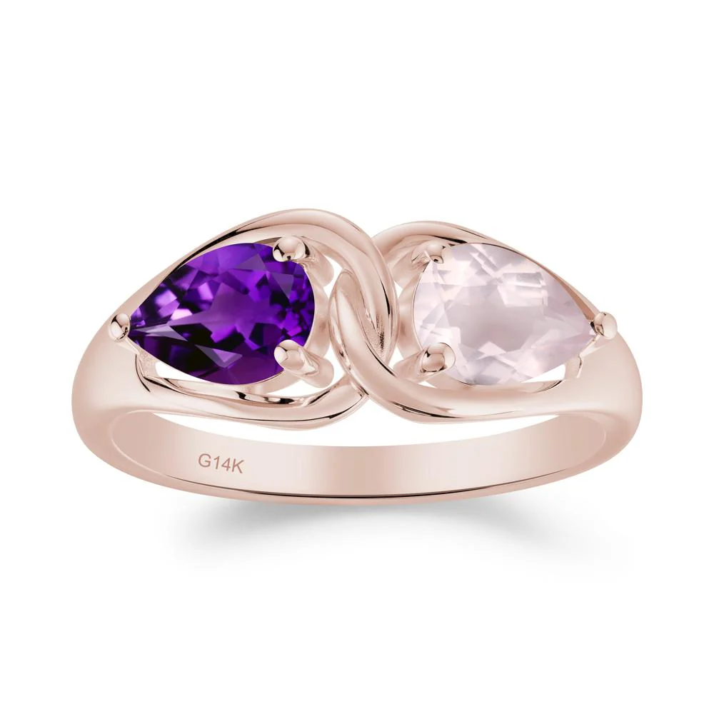 Two Stone Pear Cut Amethyst and Rose Quartz Engagement Ring - Image 4