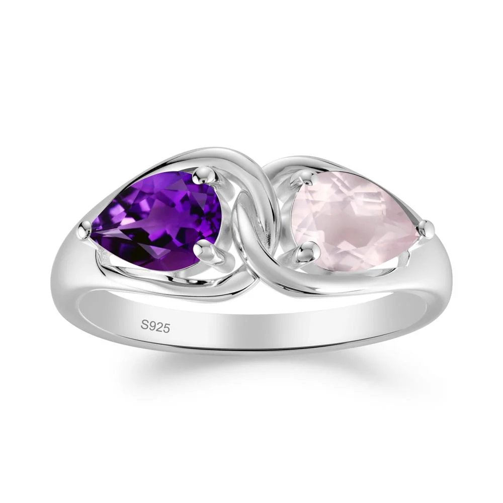 Two Stone Pear Cut Amethyst and Rose Quartz Engagement Ring - Image 5