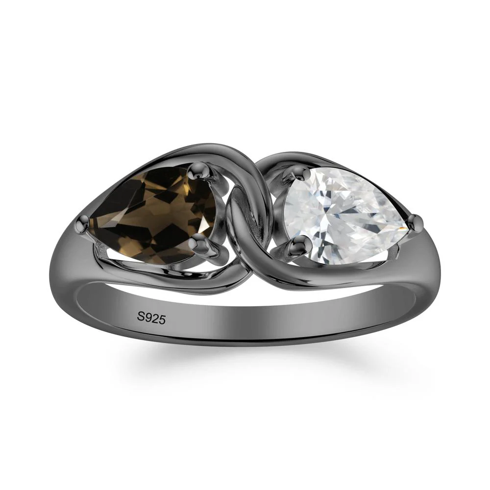 Two Stone Pear Cut Cubic Zirconia and Smoky Quartz Engagement Ring - Image 9