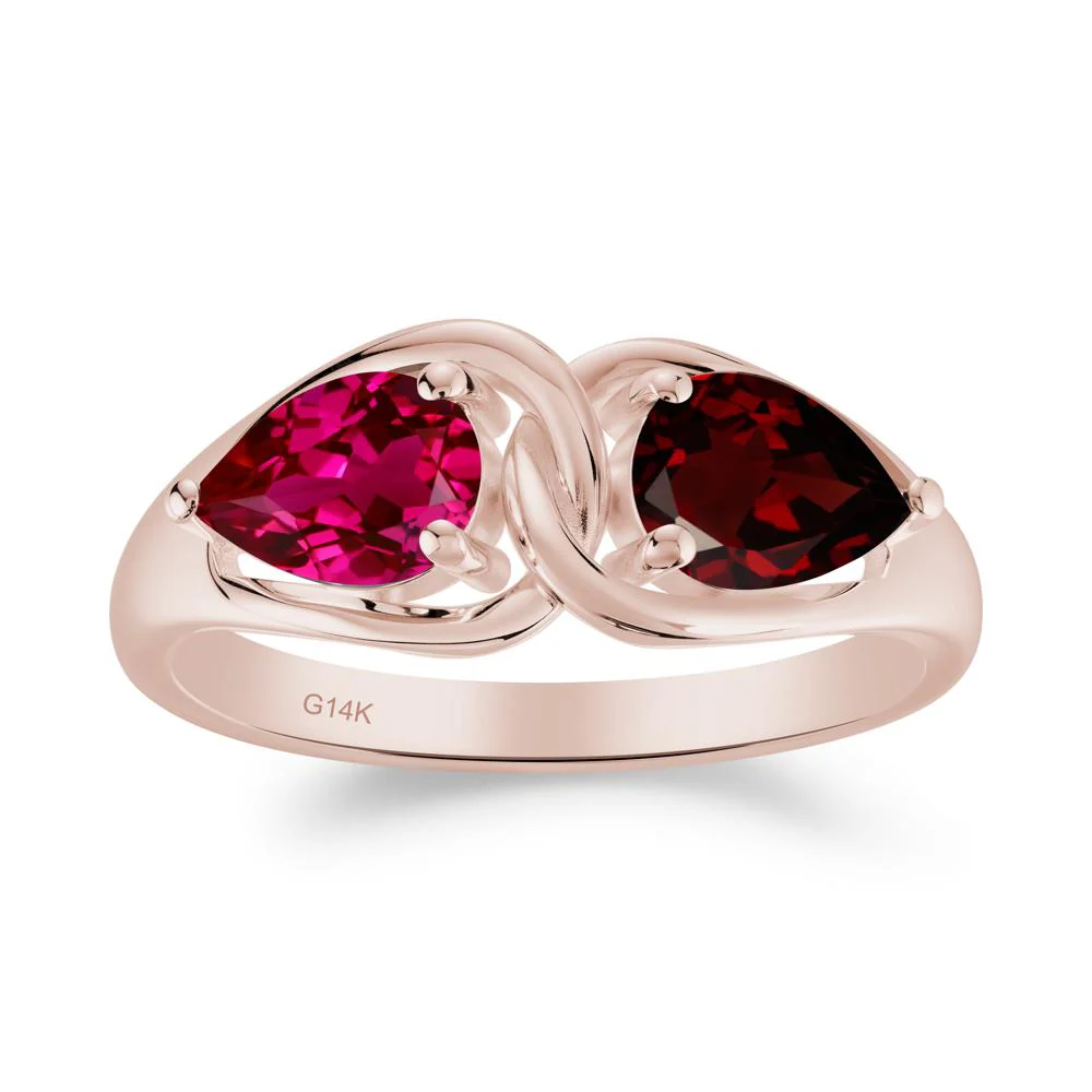 Two Stone Pear Cut Garnet and Ruby Engagement Ring
