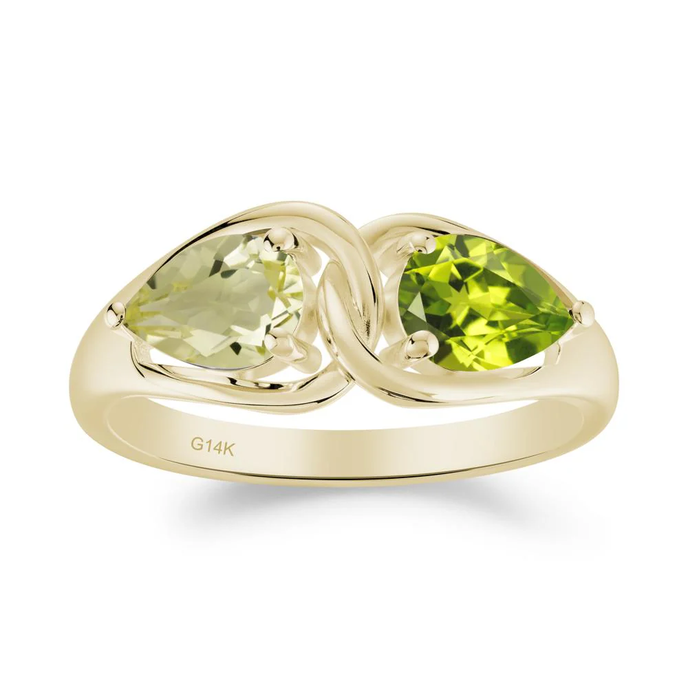 Two Stone Pear Cut Lemon Quartz and Peridot Engagement Ring