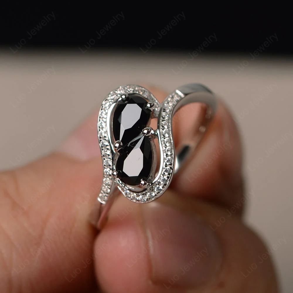 Two Stone Pear Shaped Black Spinel Mothers Ring