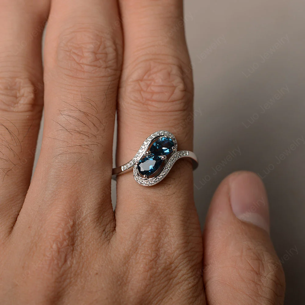 Two Stone Pear Shaped London Blue Topaz Mothers Ring - Image 3