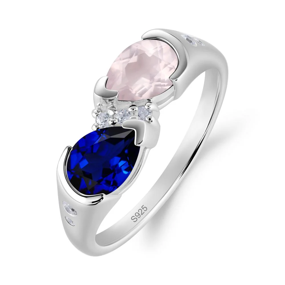 Two Stone Rose Quartz and Sapphire Birthstone Ring - Image 3