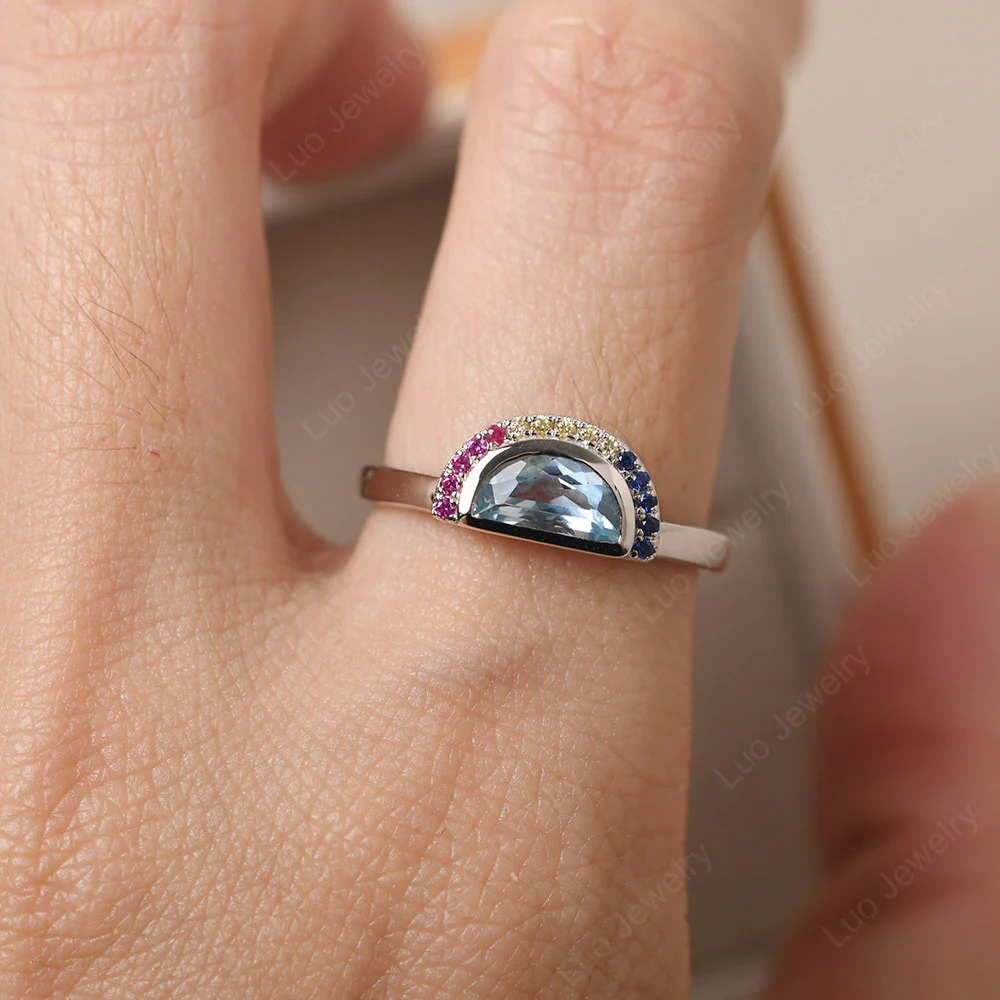 Unique Half Circle Cut Aquamarine Rainbow Ring - Image 5
