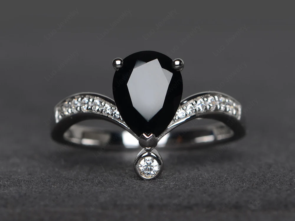 Unique Pear Shaped Black Spinel Ring Art Deco