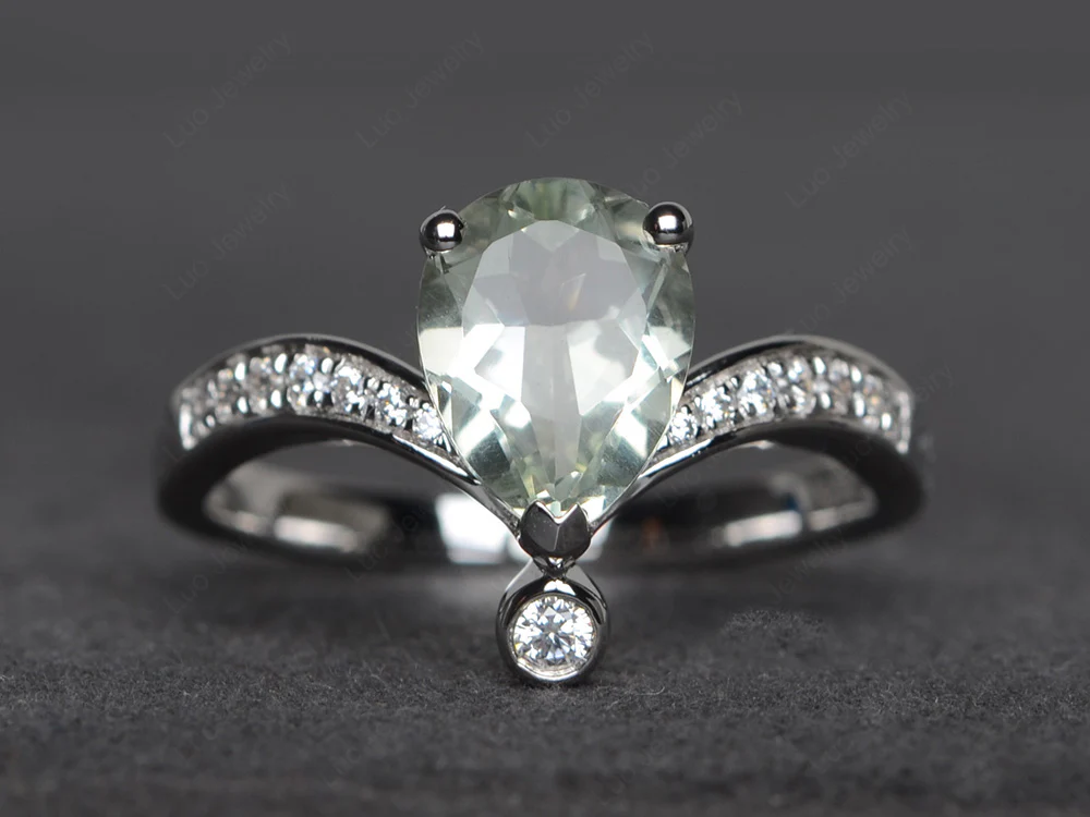 Unique Pear Shaped Green Amethyst Ring Art Deco