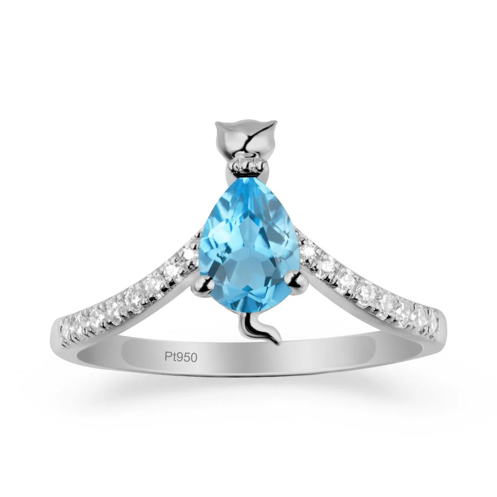 Unique Pear Swiss Blue Topaz Cat Ring