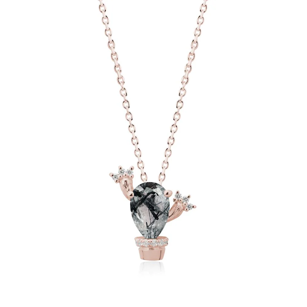Unique Potted Plant Theme Black Rutilated Quartz Pendant Necklace - Image 2
