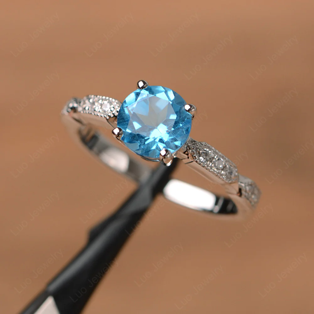 Unique Swiss Blue Topaz Milgrain Ring