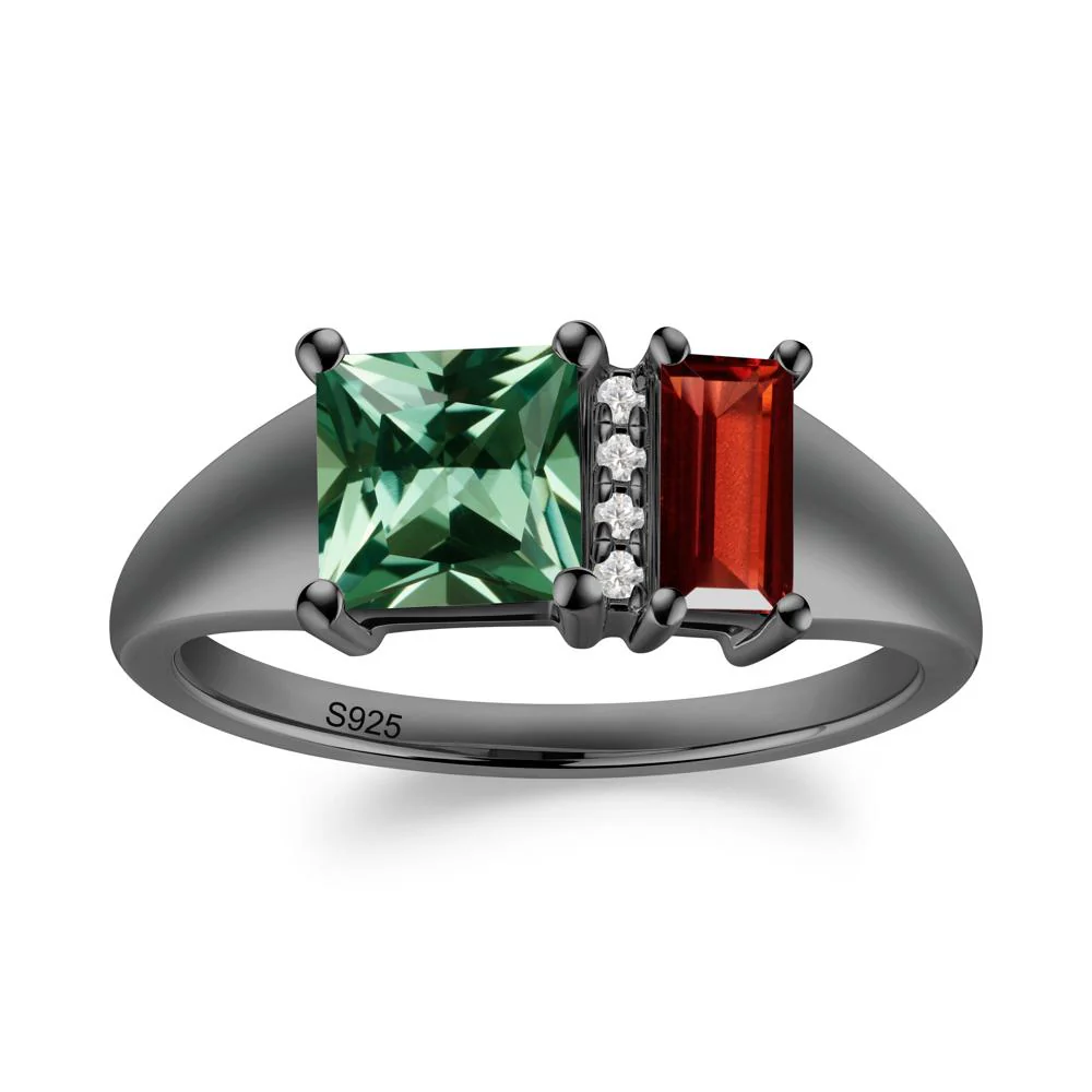 Unique Toi Et Moi Garnet and Green Sapphire Birthstone Ring - Image 2