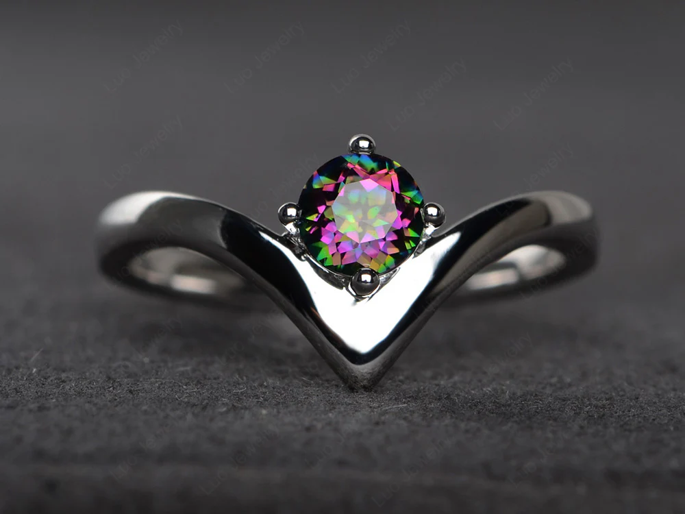 V Shaped Mystic Topaz Solitaire Ring