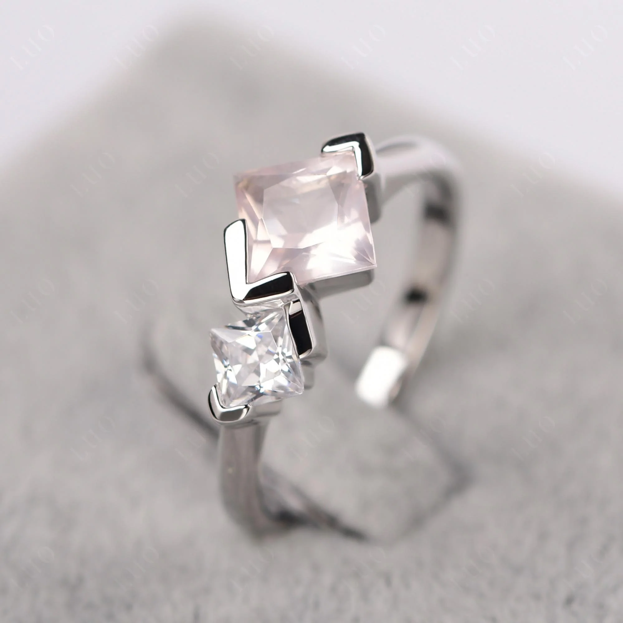 Kite Set 2 Stone Princess Cut Rose Quartz Ring - Image 15