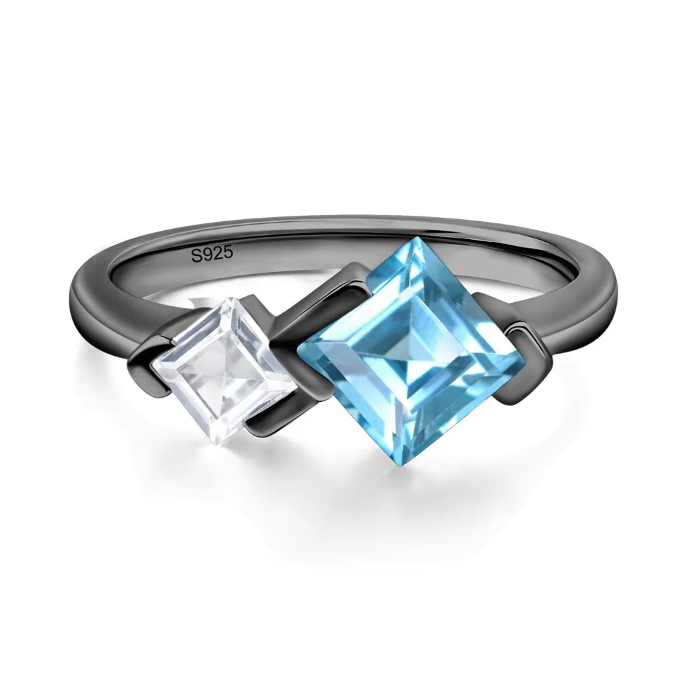 Square Cut Swiss Blue Topaz 2 Stone Ring