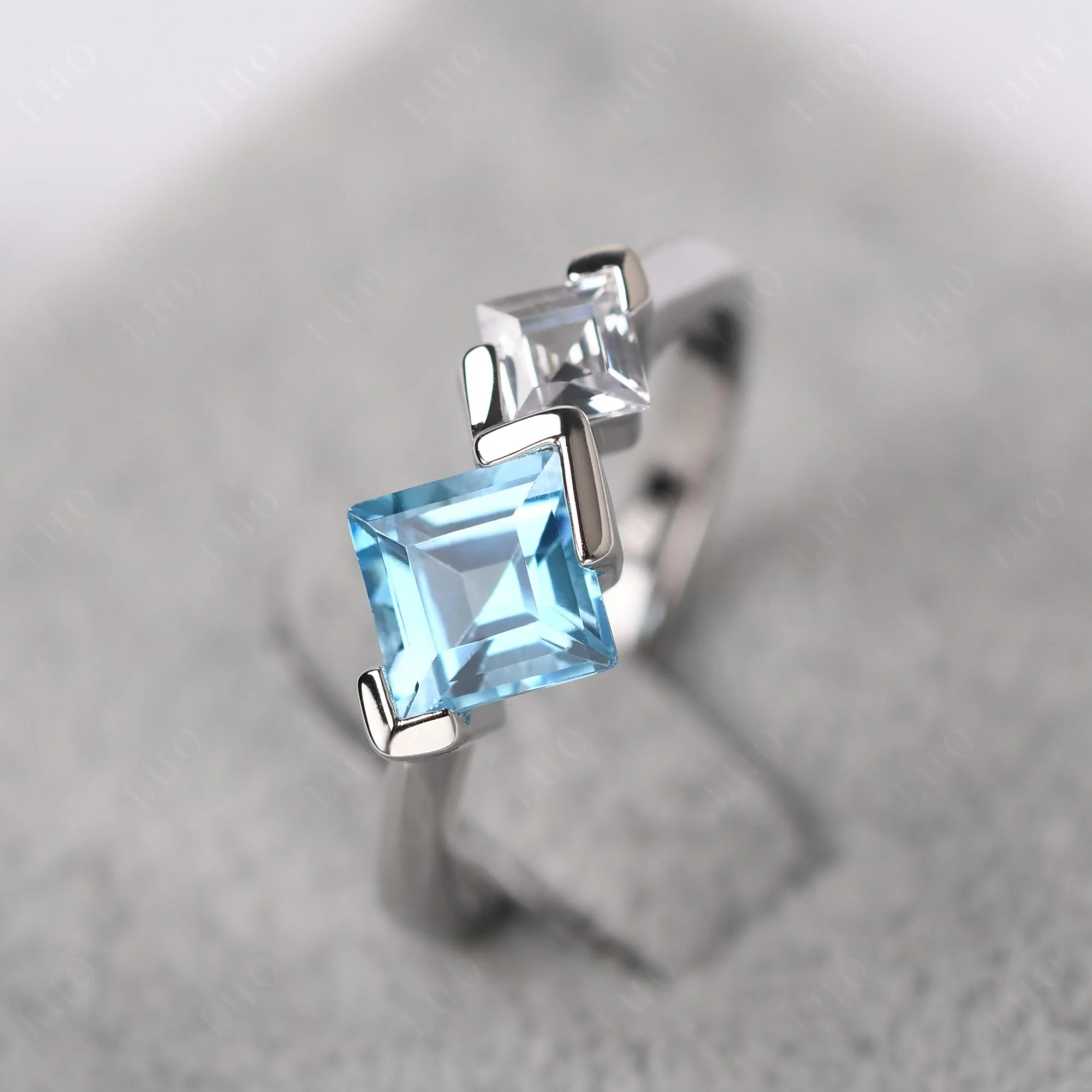 Square Cut Swiss Blue Topaz 2 Stone Ring - Image 10