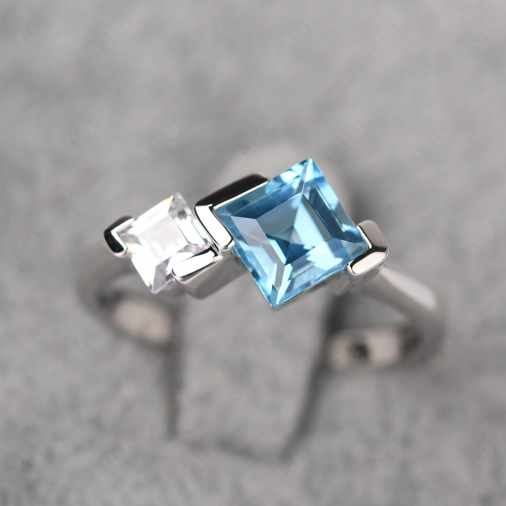 Square Cut Swiss Blue Topaz 2 Stone Ring - Image 11