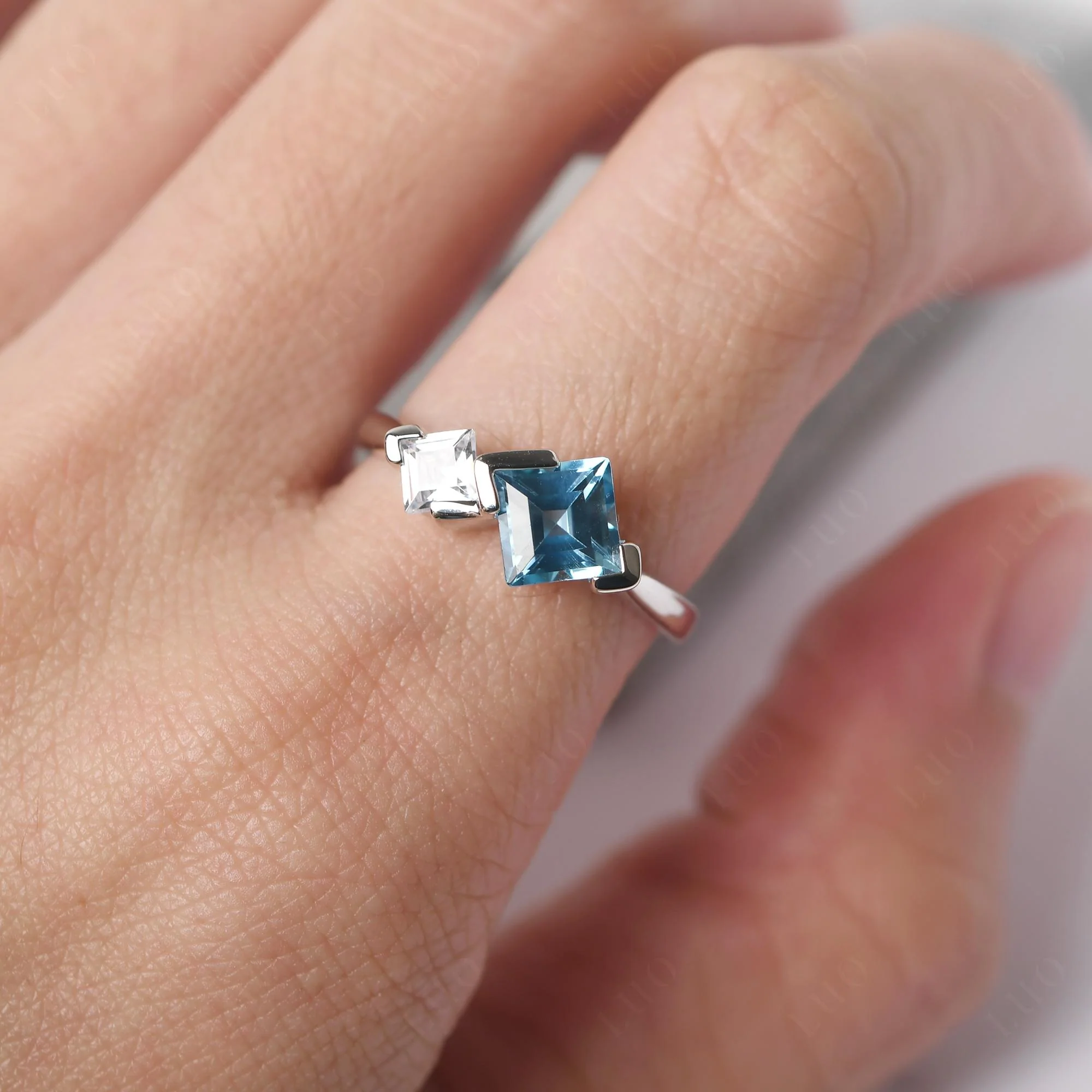 Square Cut Swiss Blue Topaz 2 Stone Ring - Image 14