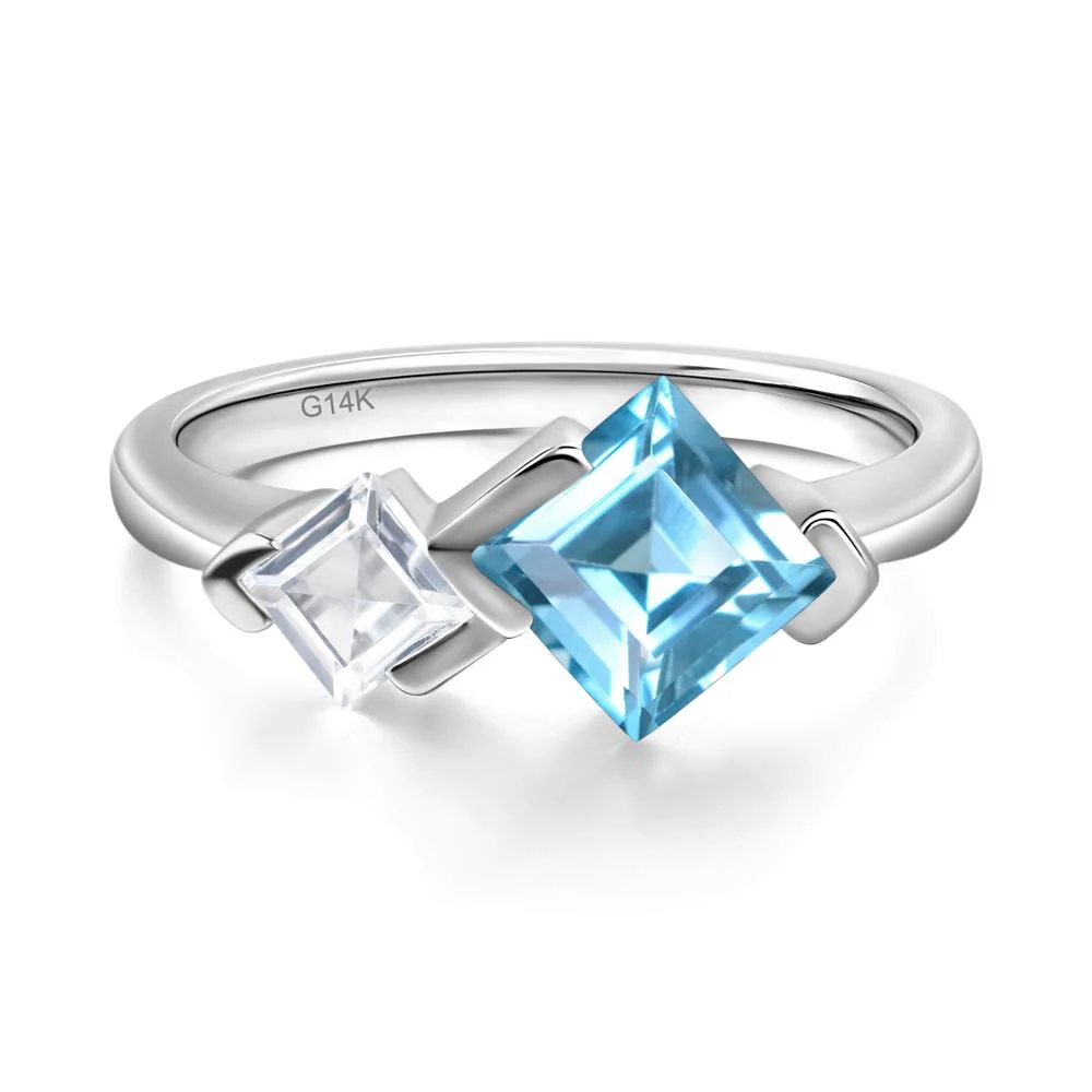 Square Cut Swiss Blue Topaz 2 Stone Ring - Image 3