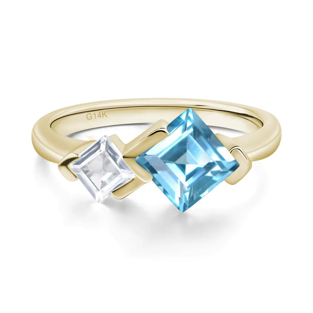Square Cut Swiss Blue Topaz 2 Stone Ring - Image 4