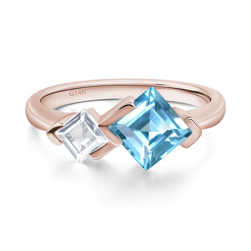 Square Cut Swiss Blue Topaz 2 Stone Ring - Image 5