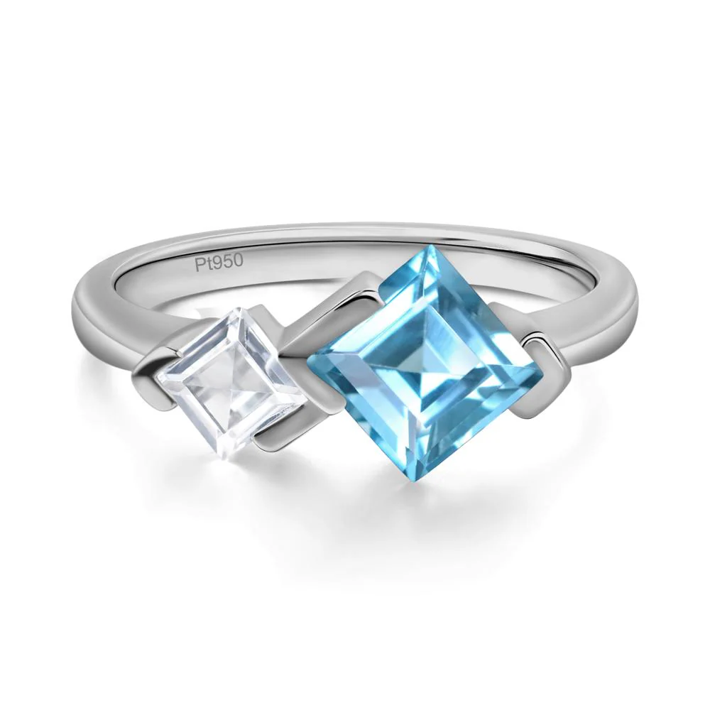 Square Cut Swiss Blue Topaz 2 Stone Ring - Image 6