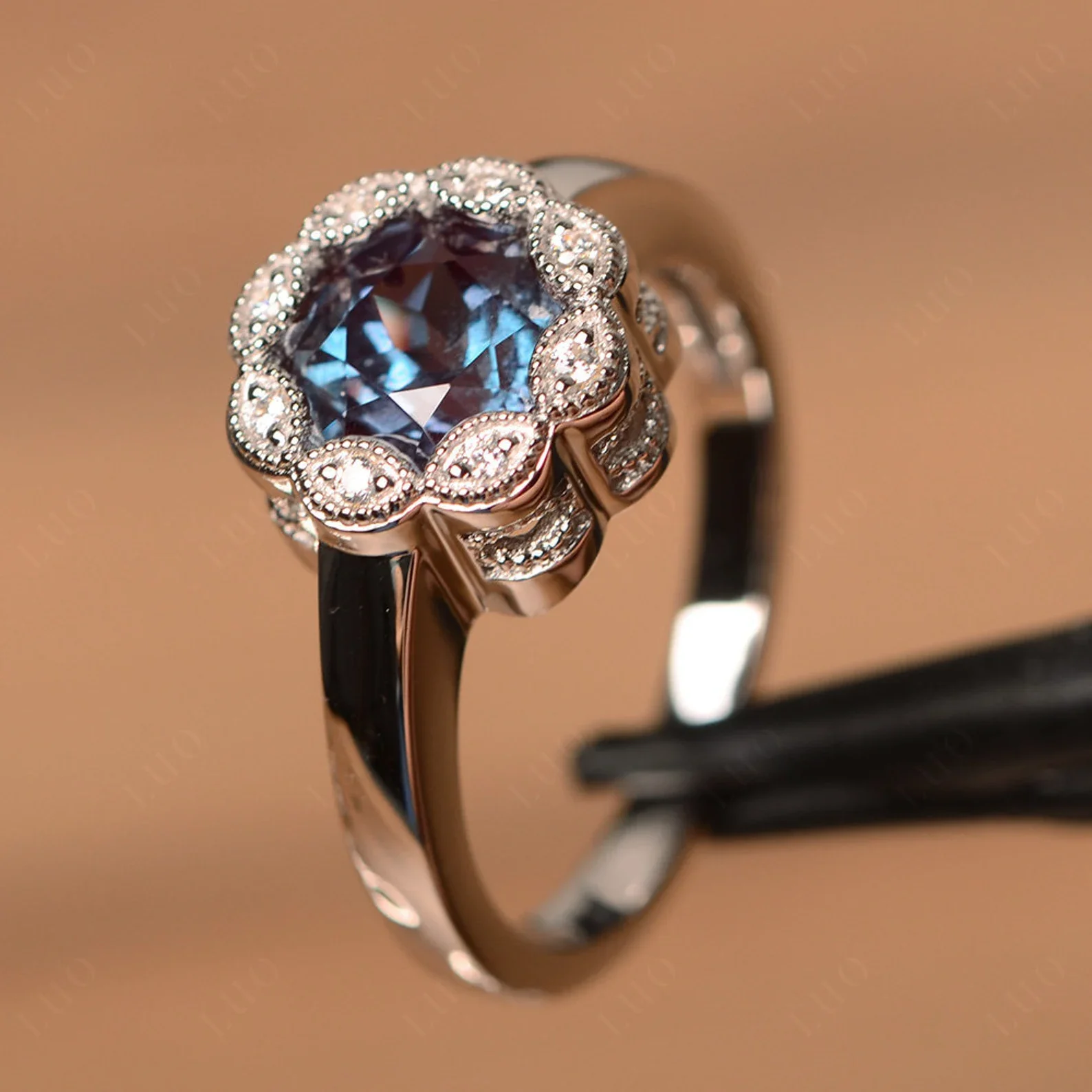 Vintage Alexandrite Ring Halo Flower Ring - Image 10