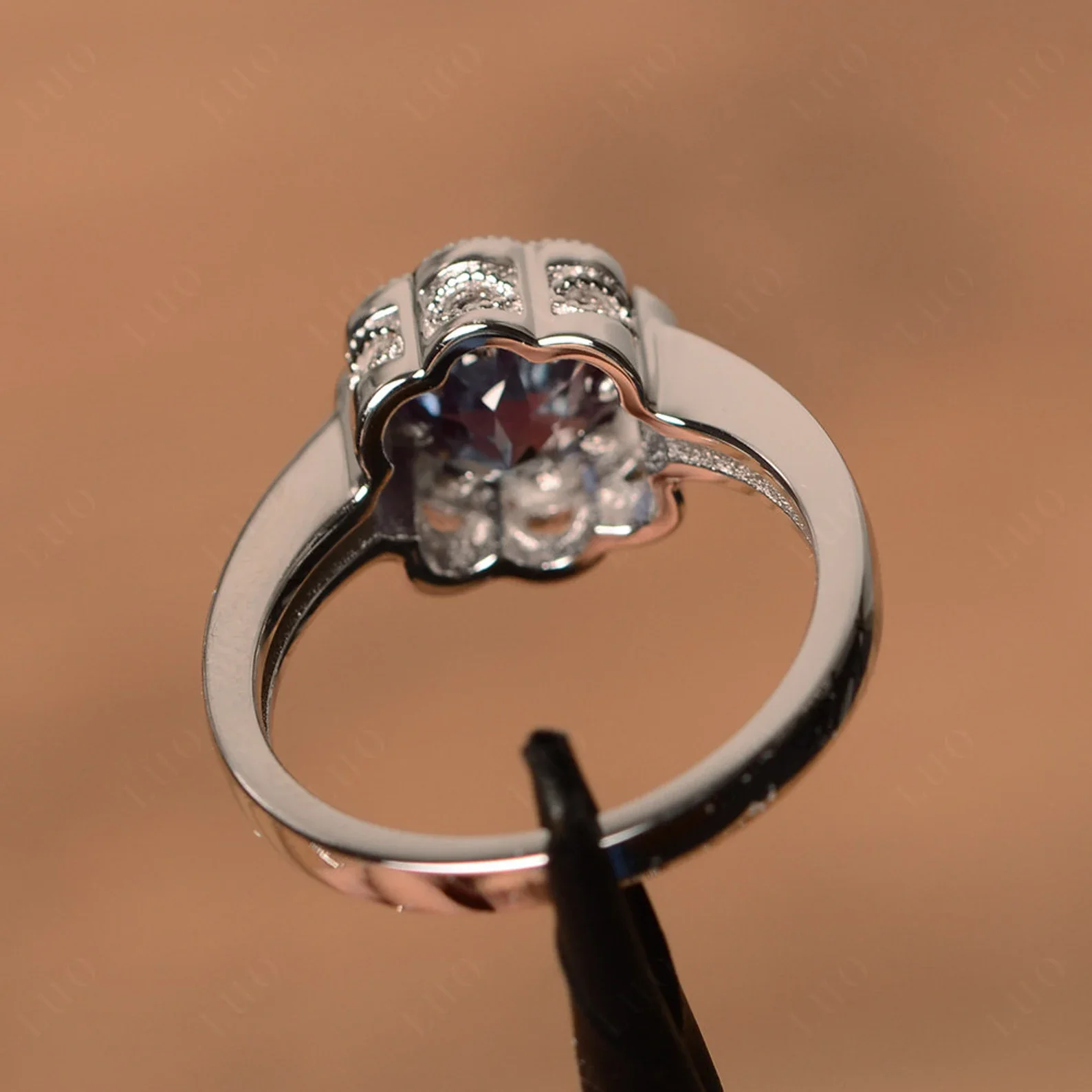 Vintage Alexandrite Ring Halo Flower Ring - Image 12