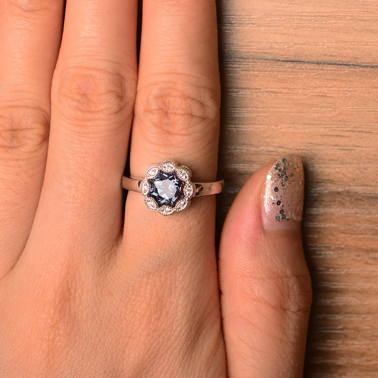 Vintage Alexandrite Ring Halo Flower Ring - Image 13