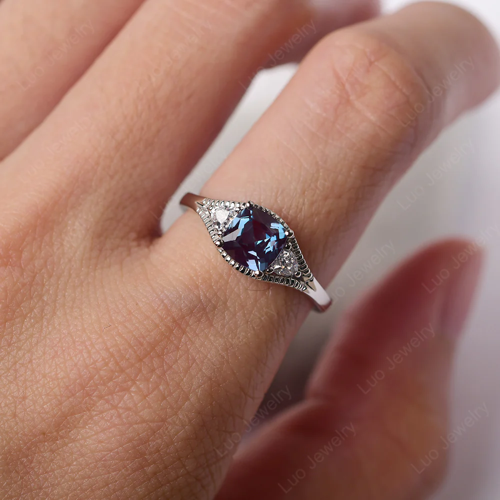 Alexandrite Milgrain Trilogy Engagement Ring - Image 5