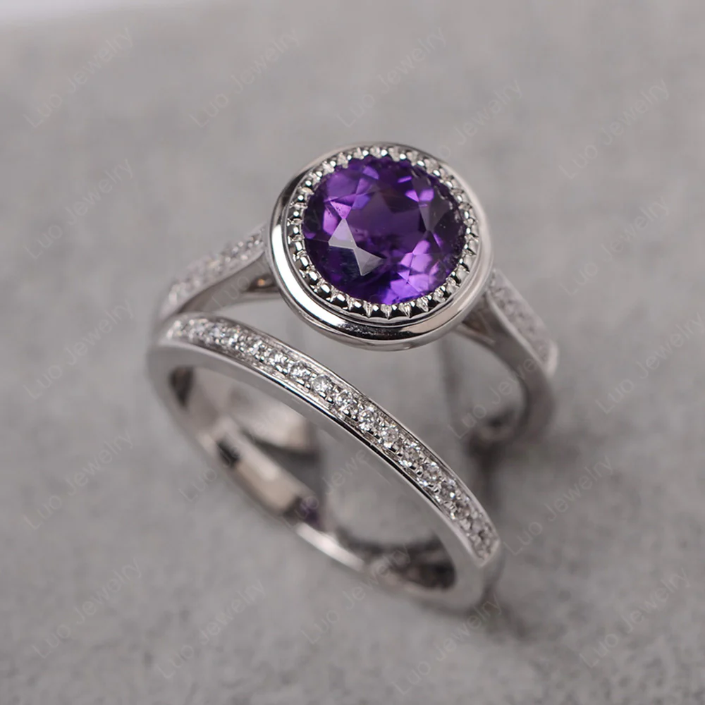 Vintage Style Amethyst Bridal Rings Set - Image 3