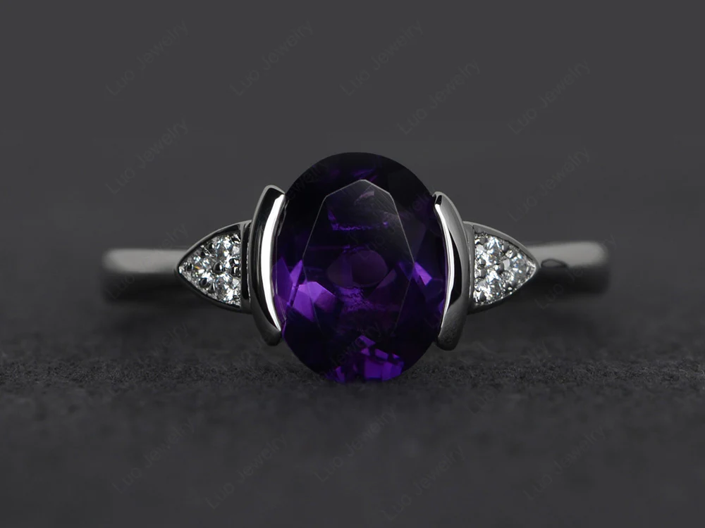 Oval Amethyst Half Bezel Set Ring