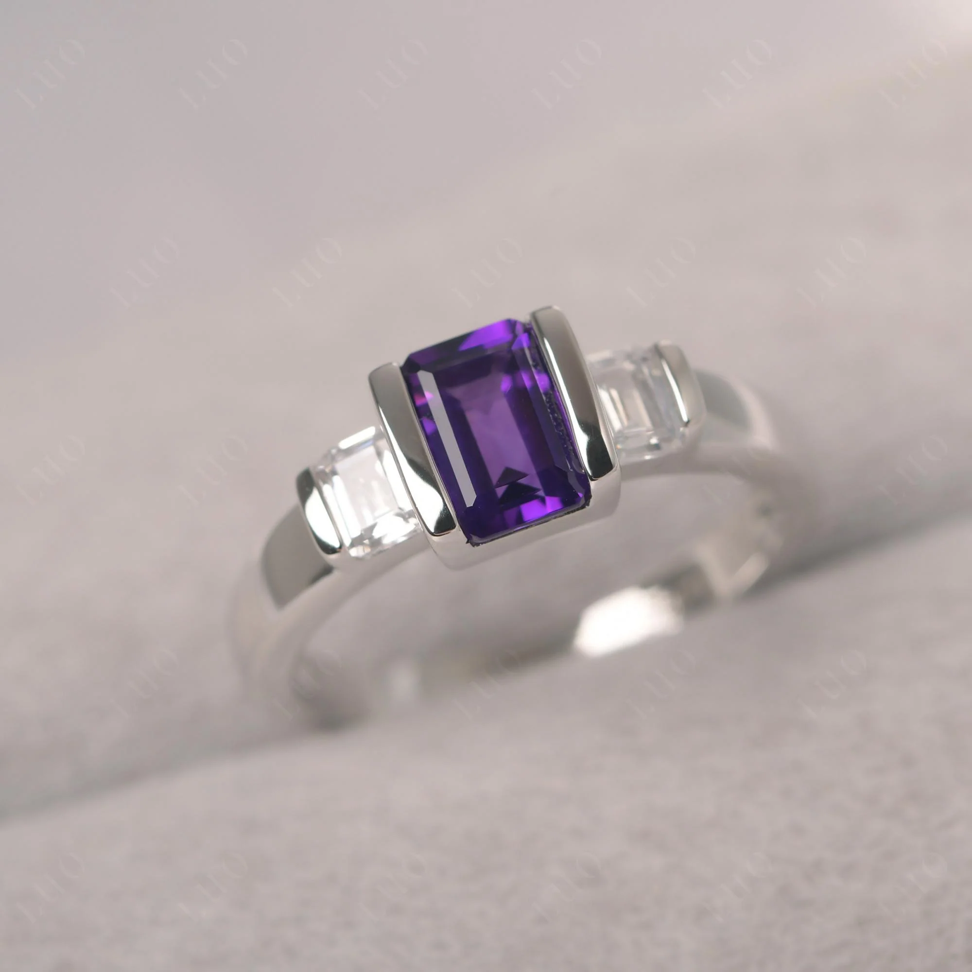 Amethyst Emerald Cut Three Stone Ring - Image 10